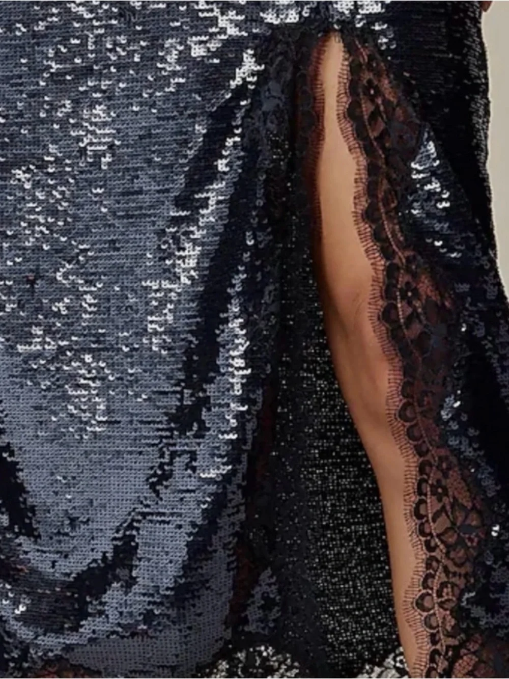 NWT JCREW COLLECTION BLACK SEQUIN MIDI SKIRT LACE TRIM FRONT SLIT. SIZE 10.